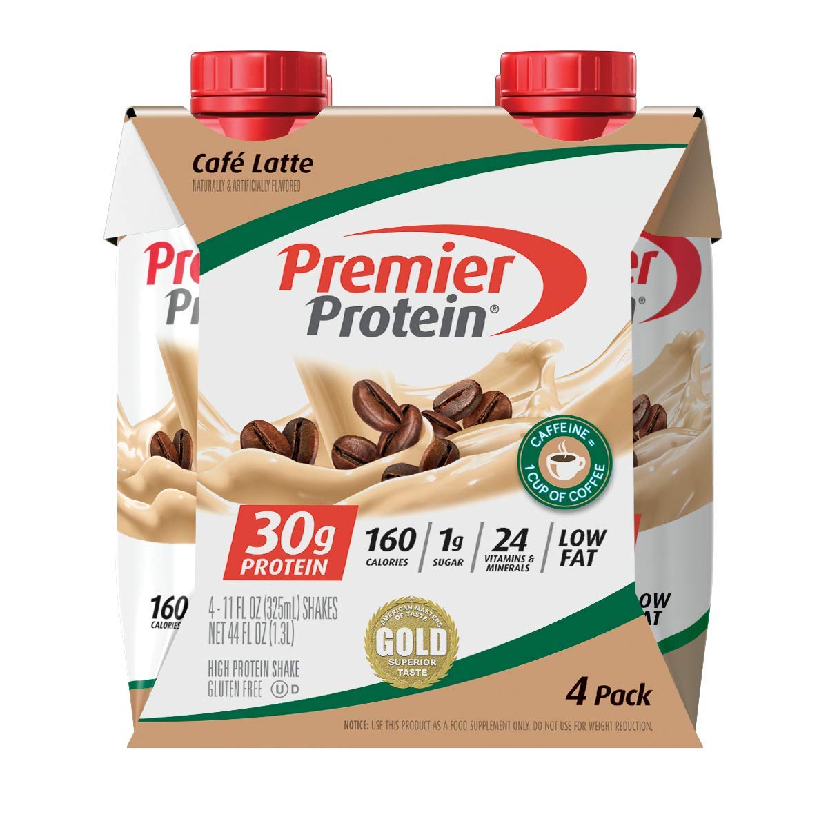 Premier Protein Shake Café Latte - 30g Protein, 1g Sugar, 24 Vitamins & Minerals, Immune Health Support, 11 Fl Oz, 4 Co