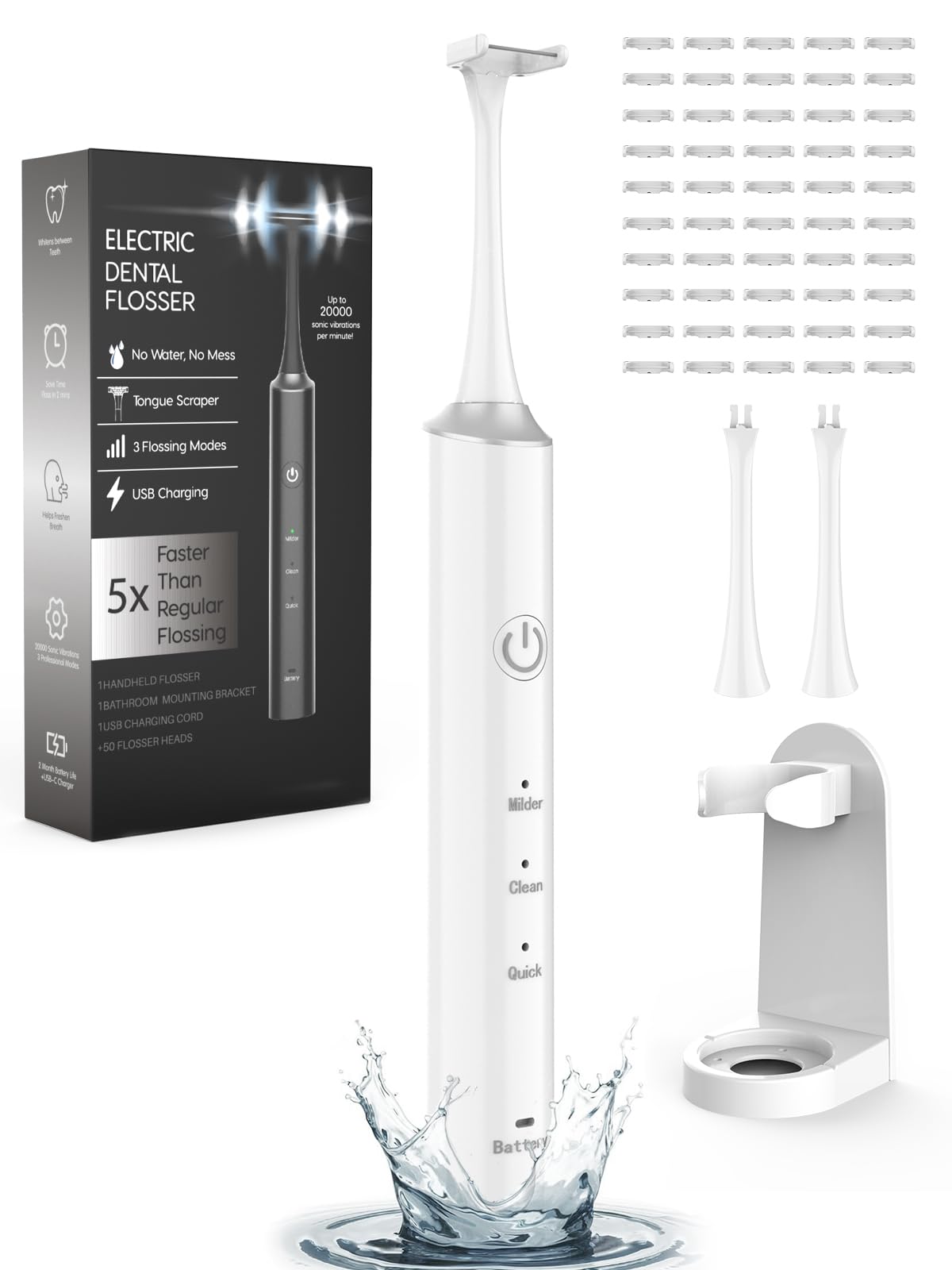 Voraiya Electric Flosser for Teeth Cleaning & Tongue Scraping - 3 Speeds & 50pcs Replacement Heads
Voraiya Electric Flos