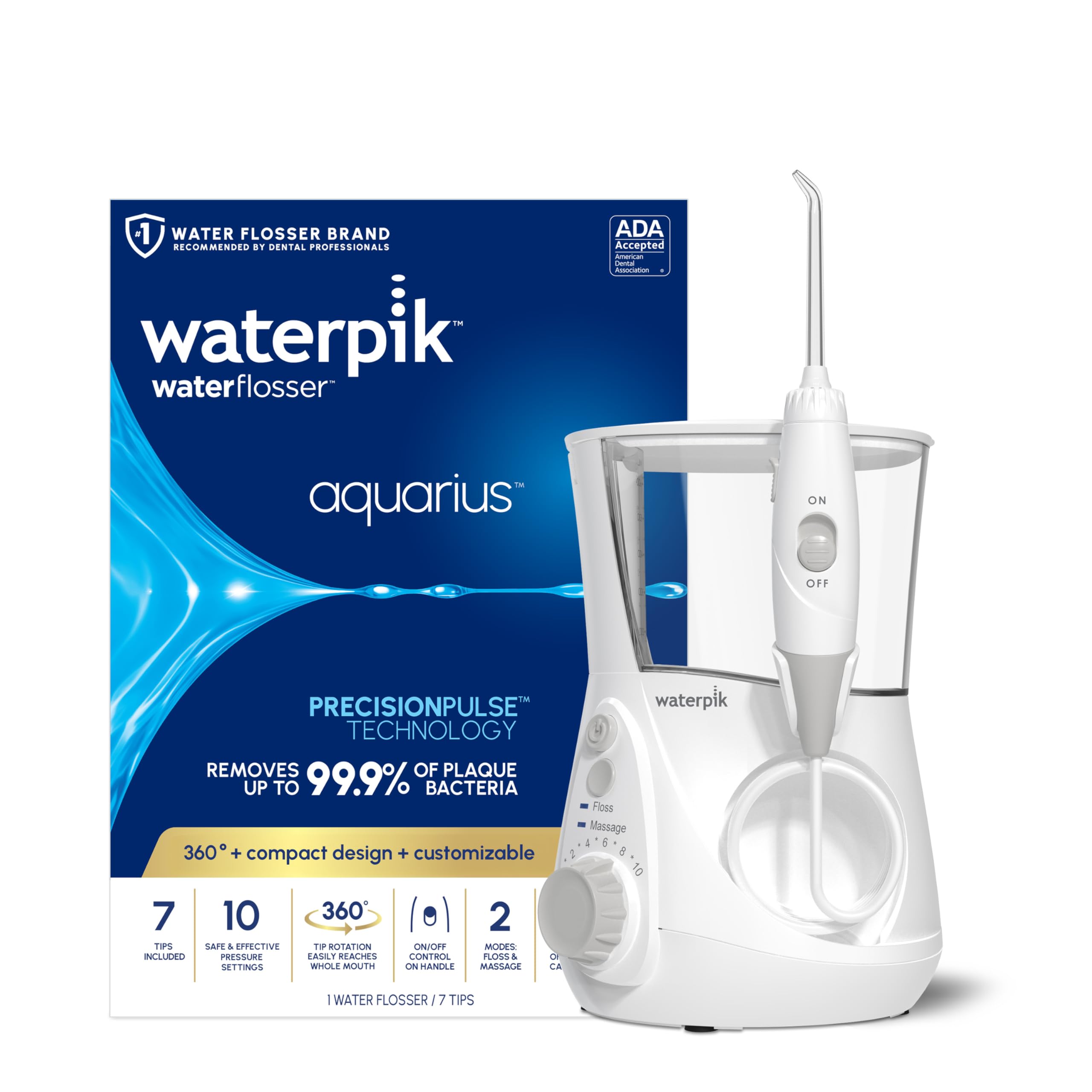 Waterpik Aquarius Water Flosser Tooth Cleaning For Teeth Gums BracesADA Accepted White WP-660 10 Settings 7 Tips Multi-U
