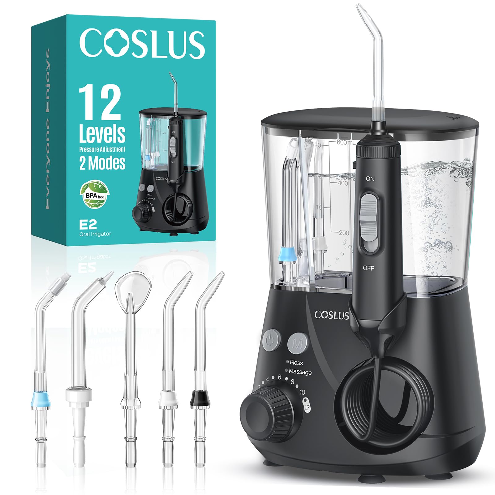 COSLUS Professional Water Flosser for Teeth E2: 2 Modes & 12 Pressure Settings for Orthodontic & Sensitive Gums, Family