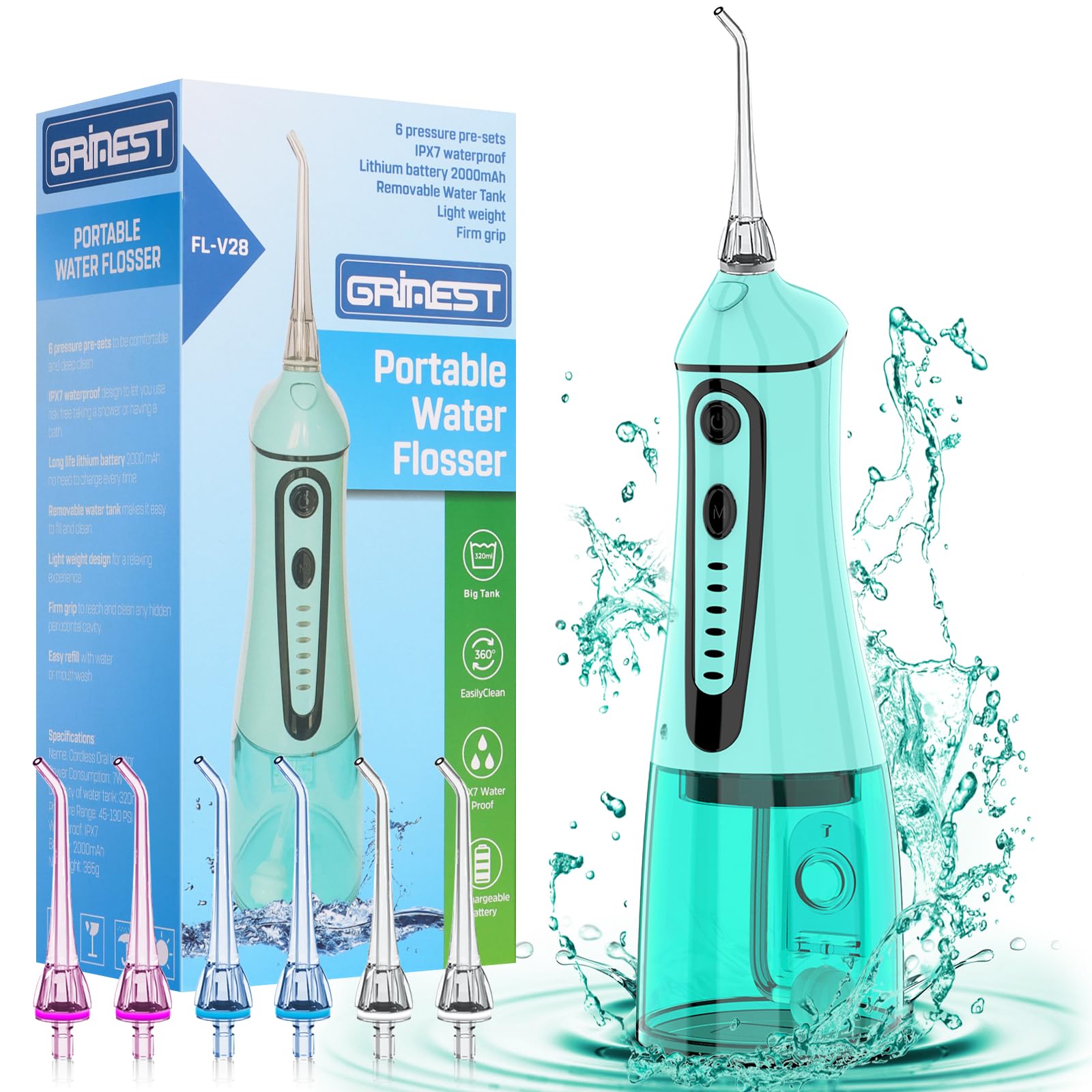 Grinest 7 Modes Water Dental Pik Flosser for Teeth Cleaning Portable Cordless Oral Irrigator - Green