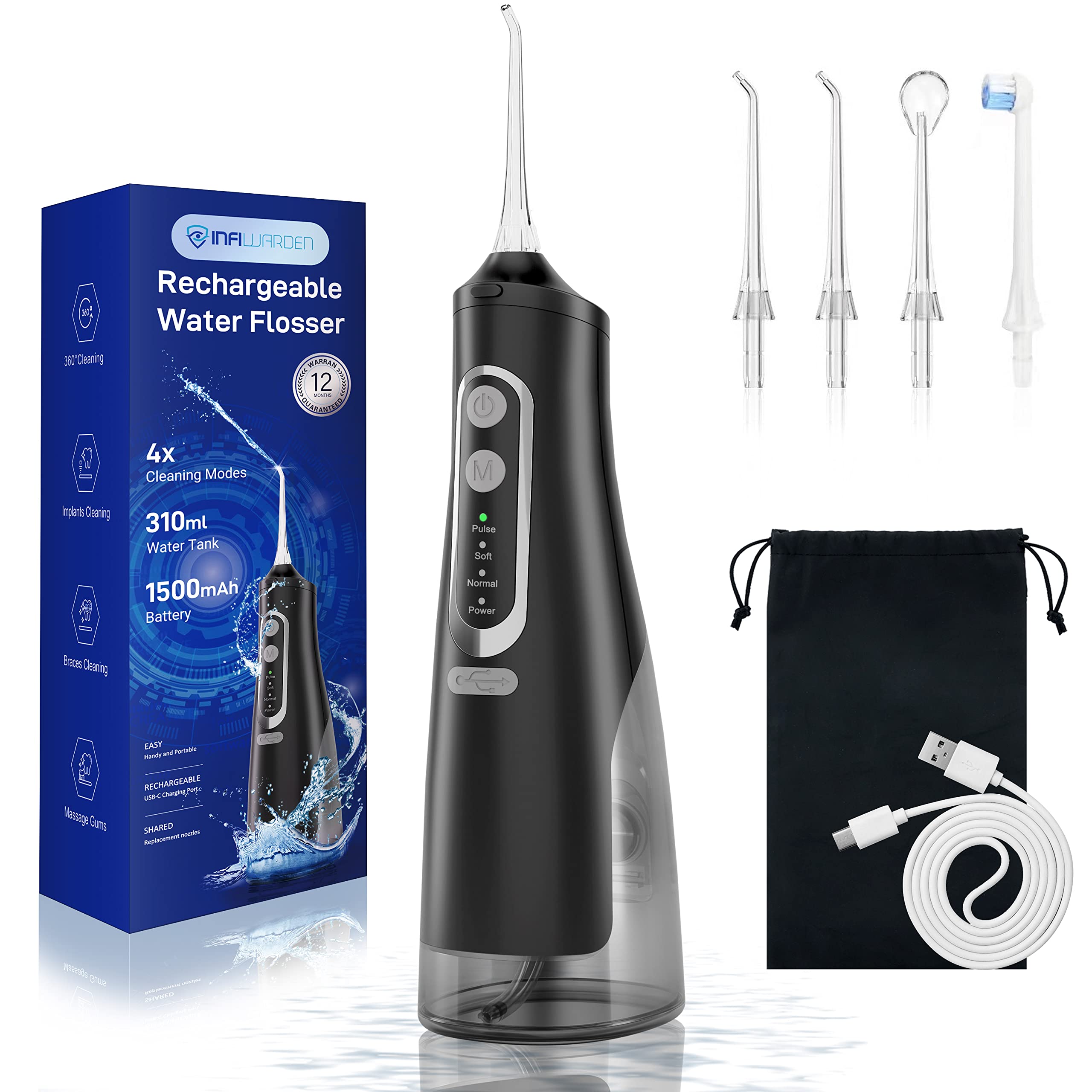 Infiwarden Cordless Water Flosser Teeth Cleaner 310ml Water Tank Black Home and Travel Portable Rechargeable IPX7 Water