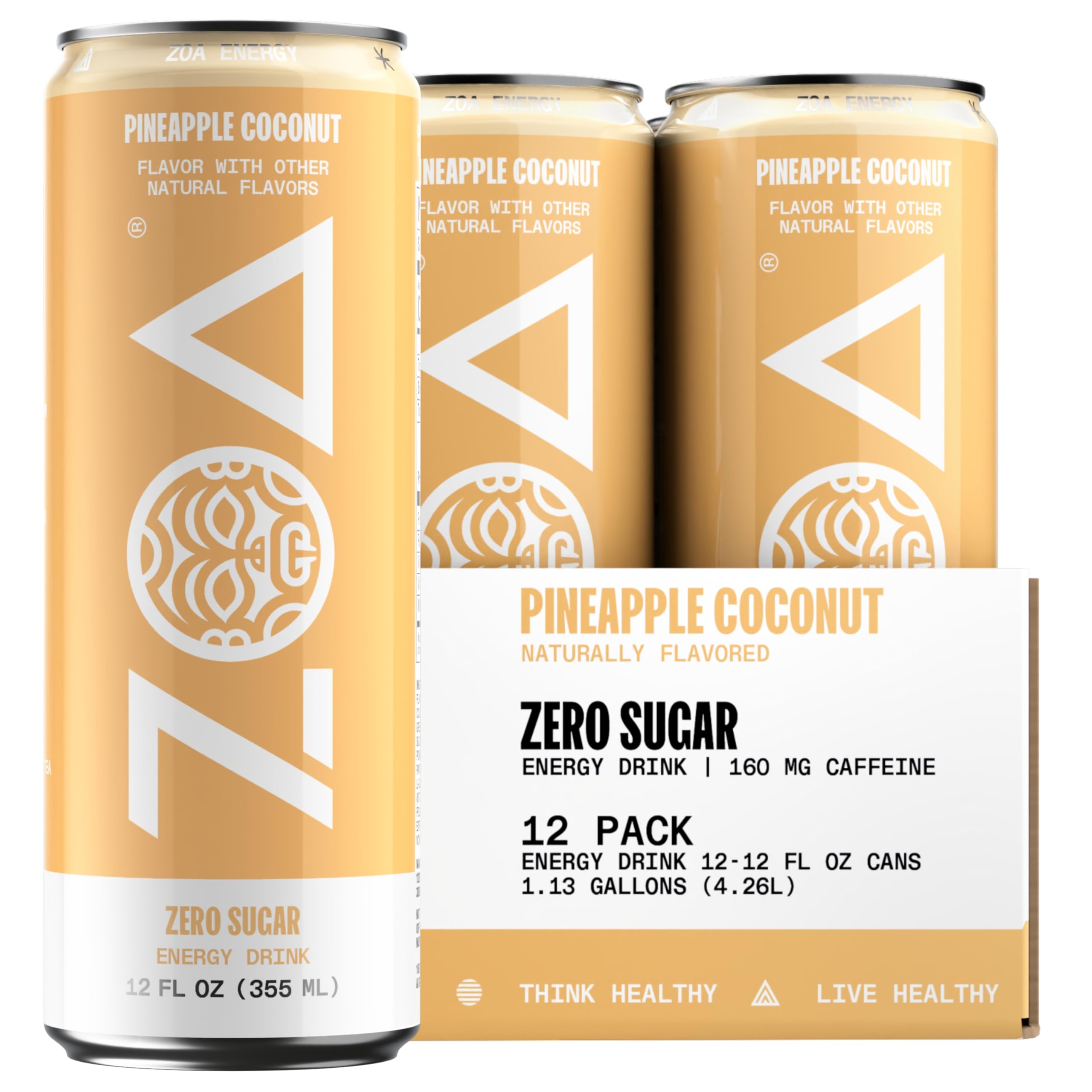 ZOA Zero Sugar Energy Drinks Pineapple Coconut | Sugar Free Electrolytes | Healthy Vitamin C & B-Vitamins | Caffeine fro